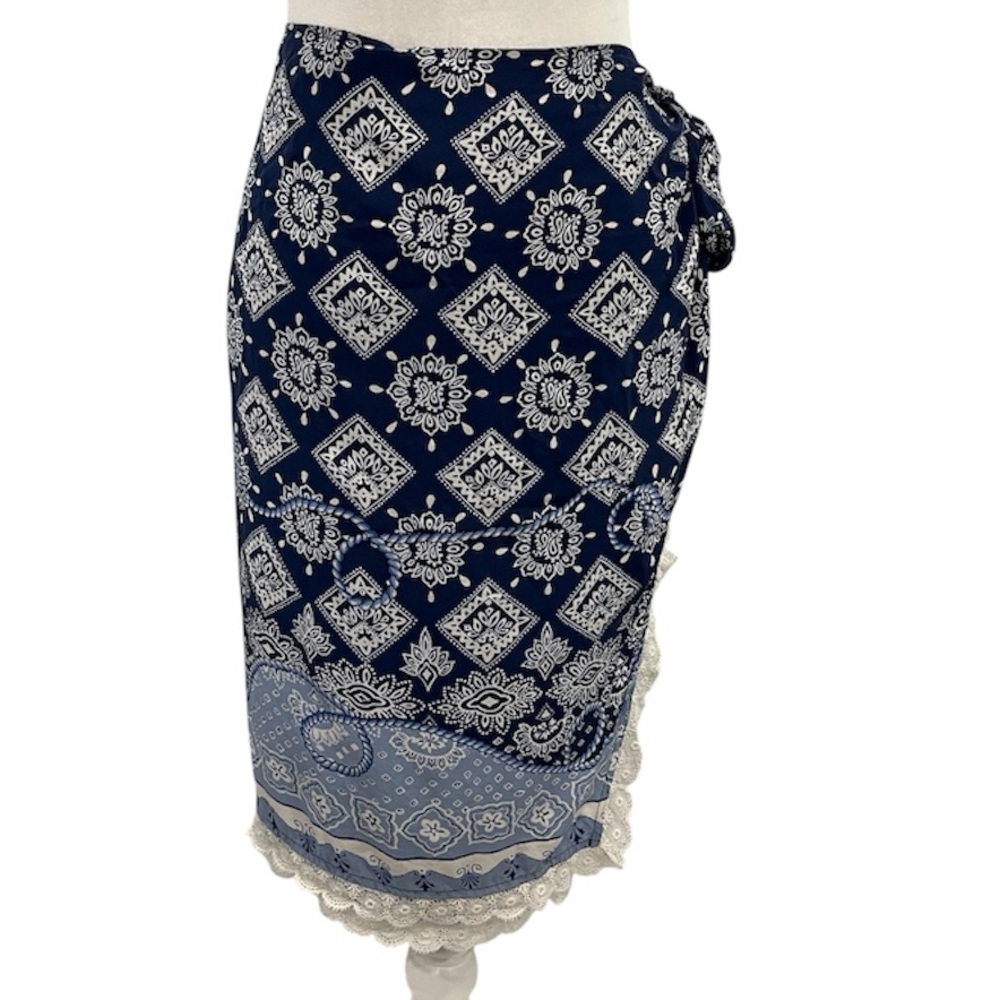 DANA BUCHMAN VINTAGE 100% SILK NAVY  BLUE WHITE BANDANA PRINT WRAP SKIRT SZ 14